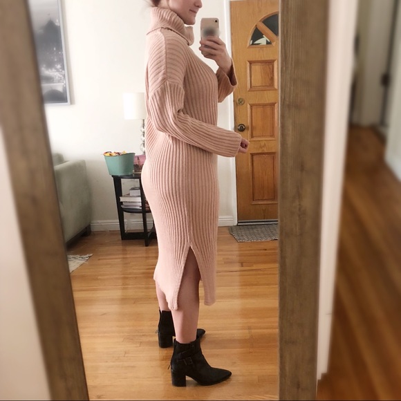 π§ HP π§ Blush Pink Turtleneck Rib Knit L/S Slit Dress - Picture 4 of 6